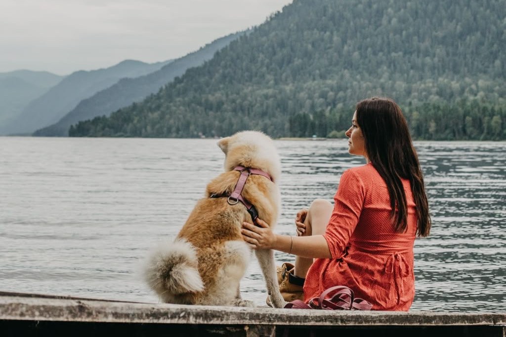 Woman and her dog looking out over the lake